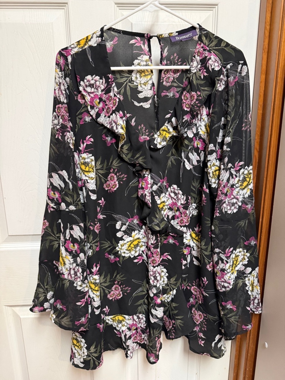 Roaman's Black Floral Ruffle Front Blouse